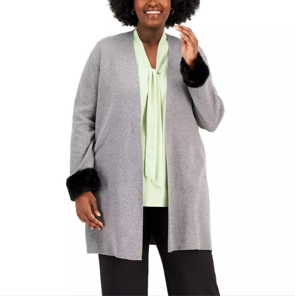 New Kasper Grey Knit Faux Fur Trim Longline Duster Cardigan Plus Sweater - Picture 5 of 11